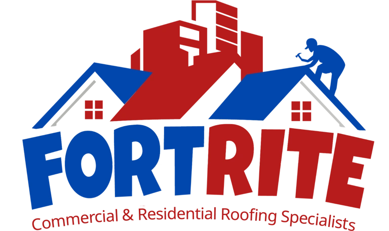 Logo: "FORTRITE" with blue and red house silhouettes and a roofer hammering on a roof.