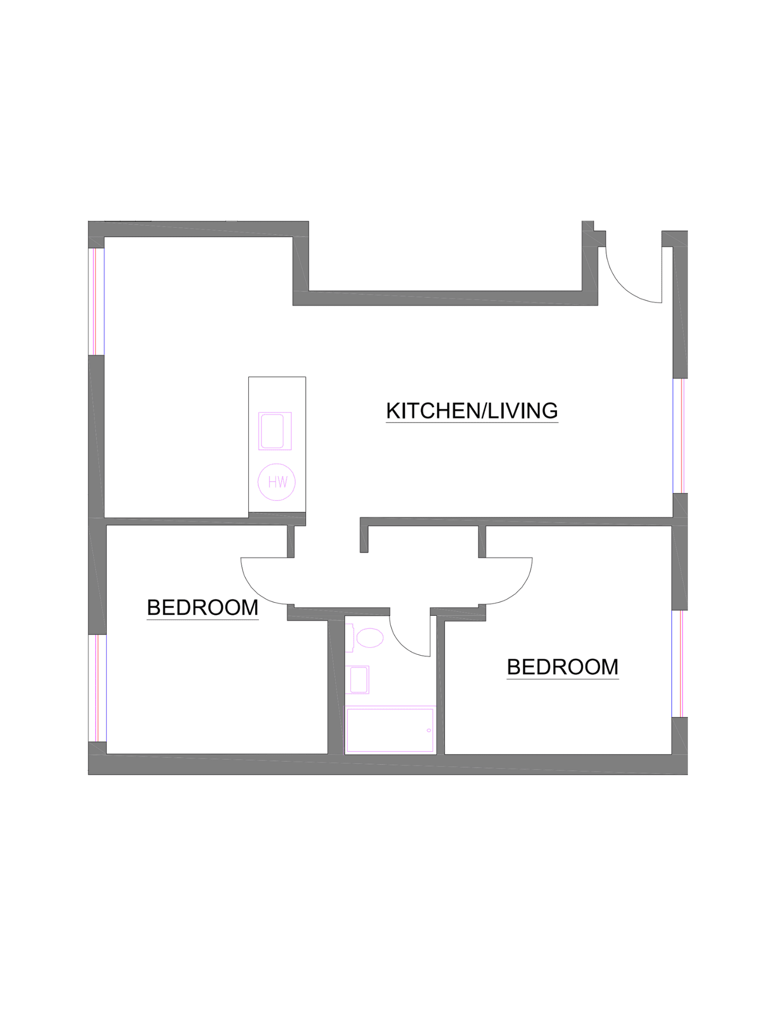 Floor plan of an apartment with two bedrooms, kitchen/living area, and bathroom.
