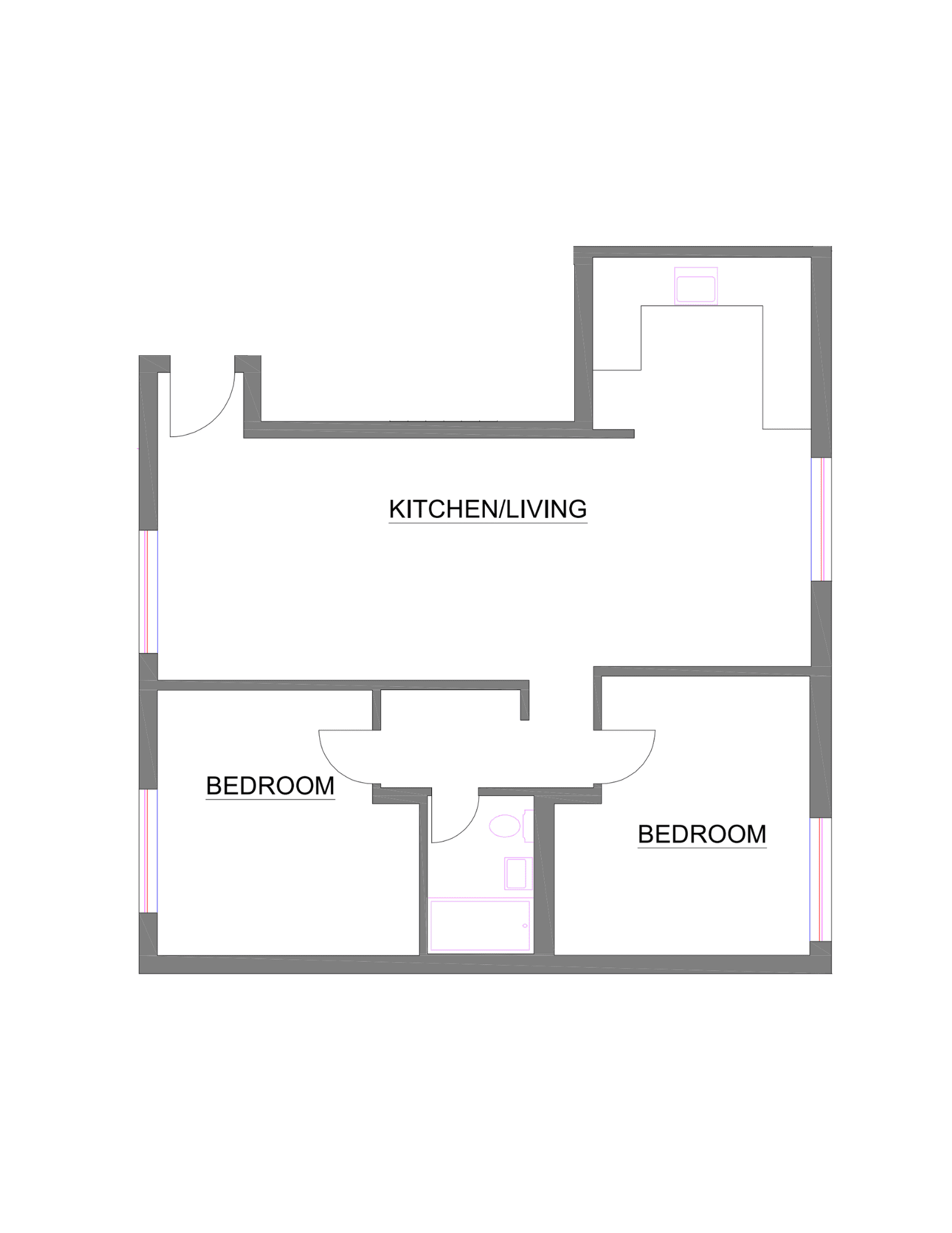 Floor plan of a two-bedroom apartment. Kitchen/living area, two bedrooms, and a bathroom layout are visible.