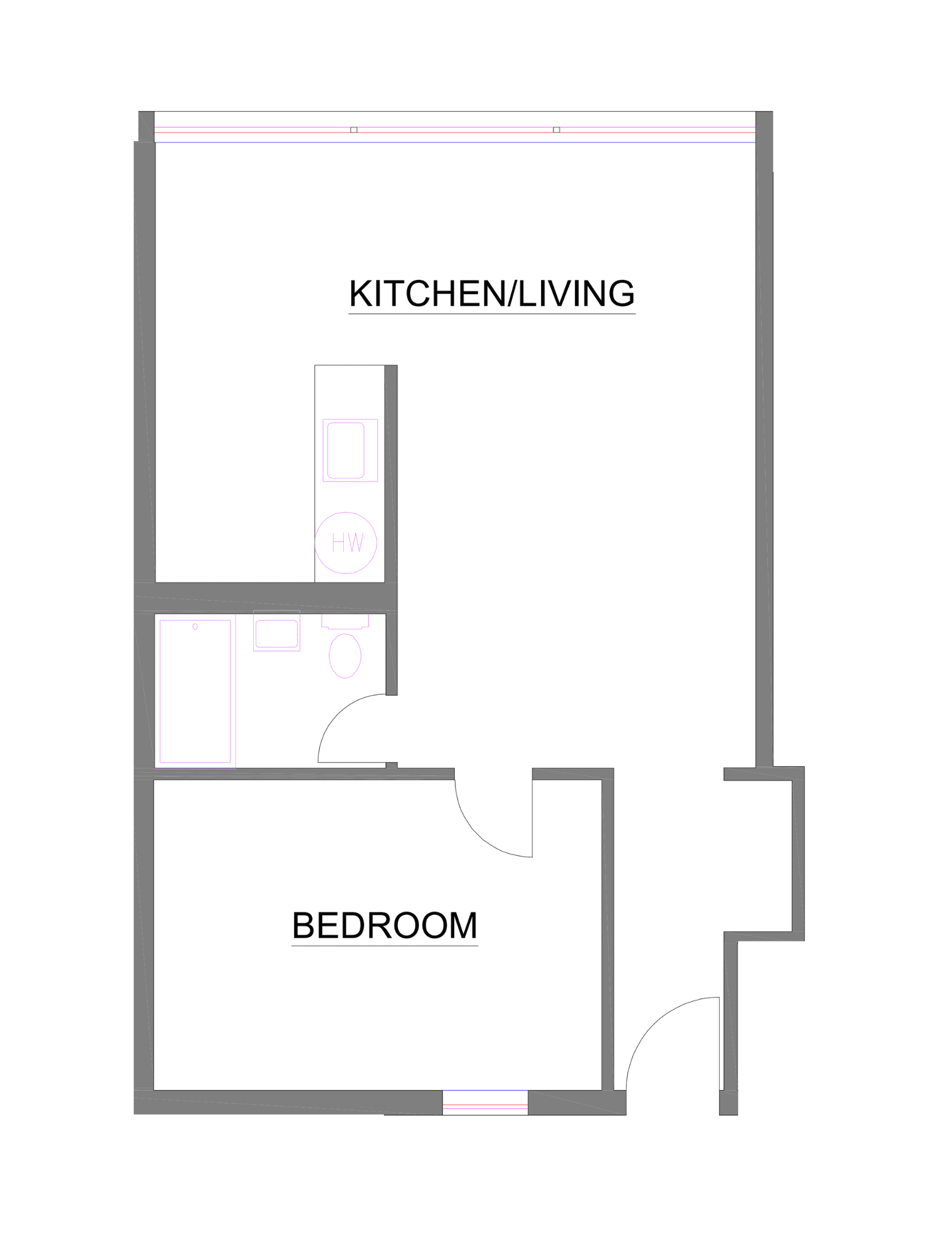 Floor plan of a small apartment with a kitchen/living area, a bedroom, and a bathroom.