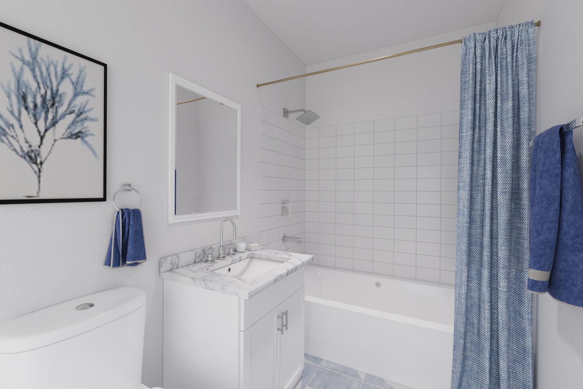Bathroom with white sink, tub, and toilet, blue decor, and shower curtain.