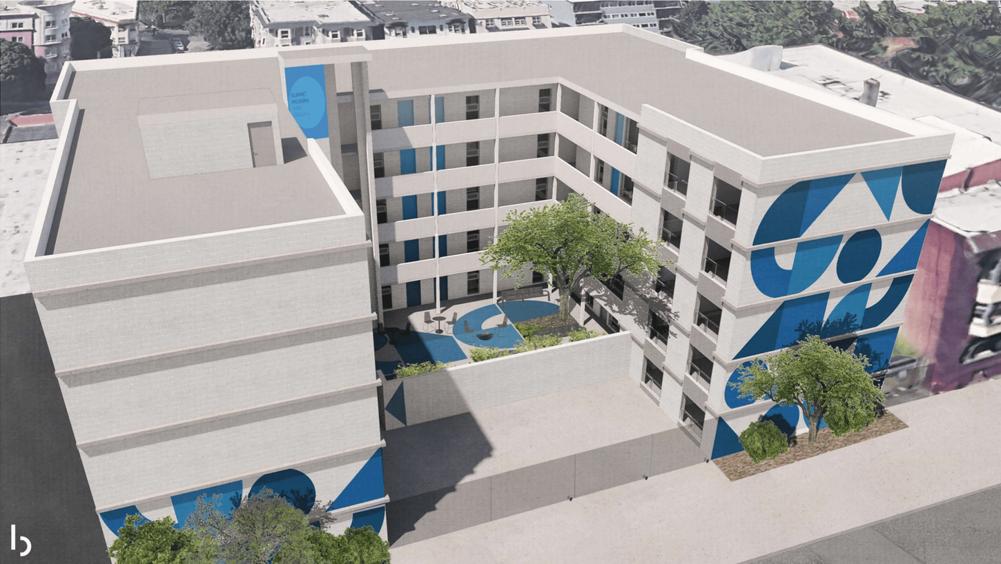 Exterior rendering of a multi-story building with blue and white geometric mural; interior courtyard with trees.