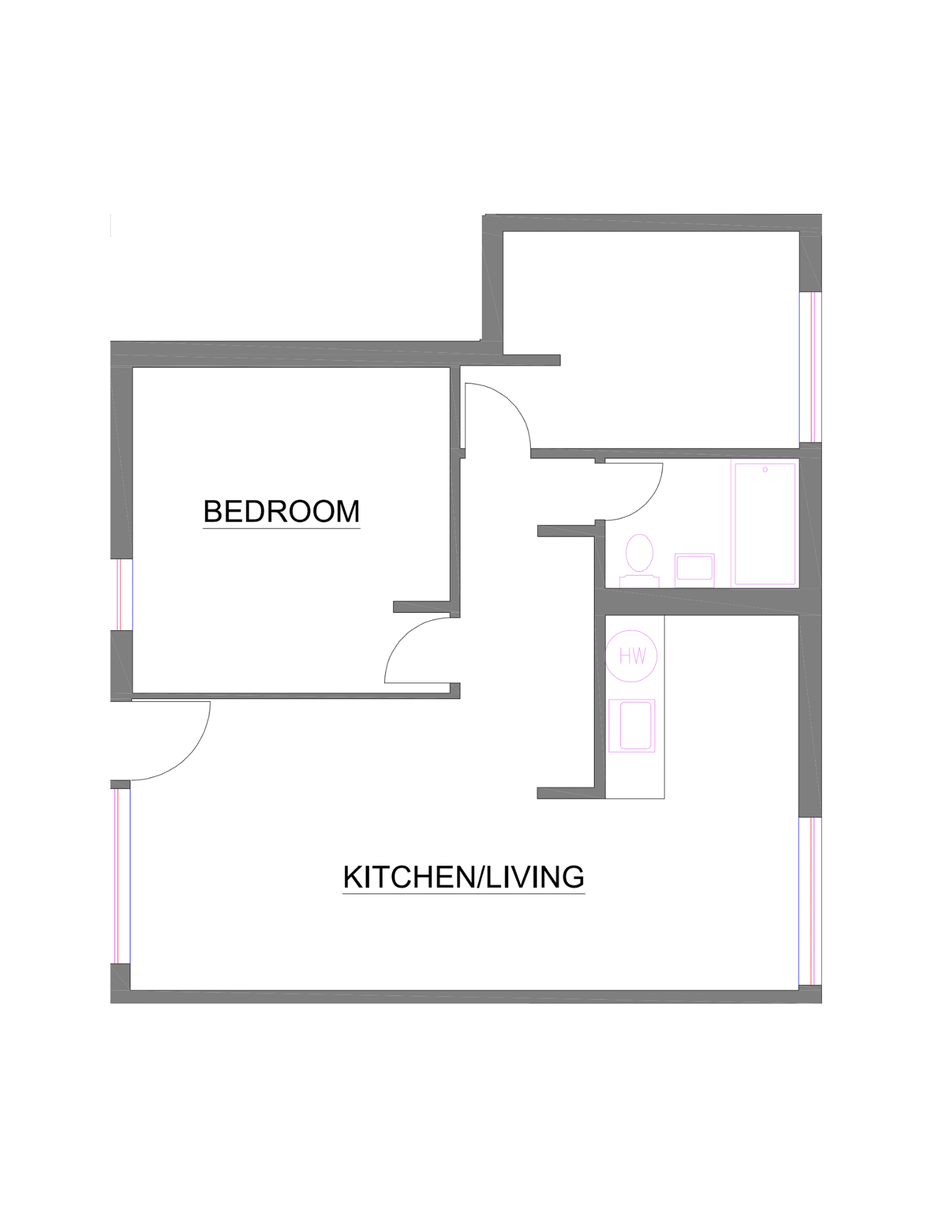 Floor plan of a small apartment with bedroom, kitchen/living area, and bathroom.