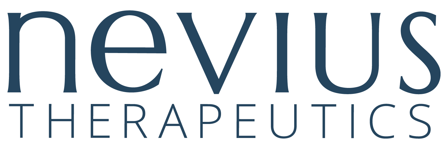 The logo for nevius therapeutics is blue and white.