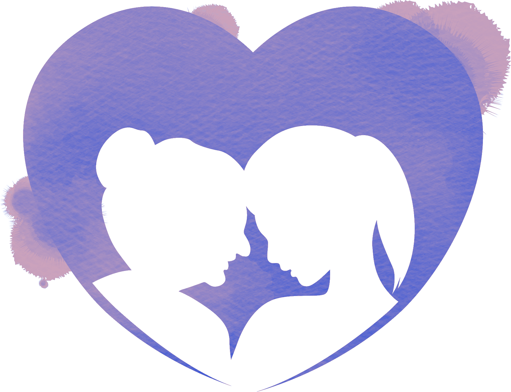 Due sagome si fronteggiano all'interno di un cuore dipinto ad acquerello viola.