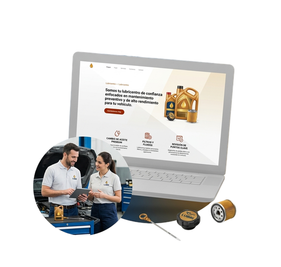 Sobre una imagen circular que muestra un sitio web empresarial, aparece superpuesta una computadora portátil 