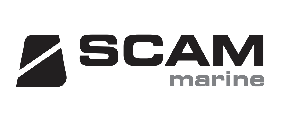 Logo SCAM Marine con un quadrato stilizzato e una linea diagonale, e testo sottostante.