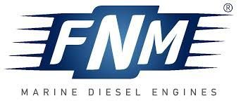 Logo FNM Marine Diesel Engines in blu con scritte bianche e linee di velocità.