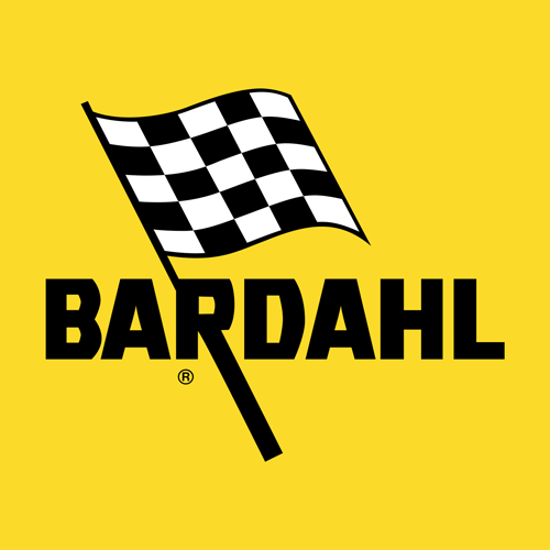 Logo Bardahl: bandiera a scacchi bianchi e neri sopra il nome dell'azienda in grassetto nero su sfondo giallo.