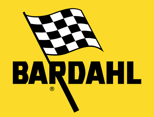 Logo Bardahl con bandiera a scacchi su sfondo giallo.