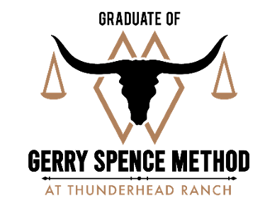 Graduate of Gerry Spence Method at Thunderhead Ranch logo: Longhorn silhouette with scales and geometric shapes.