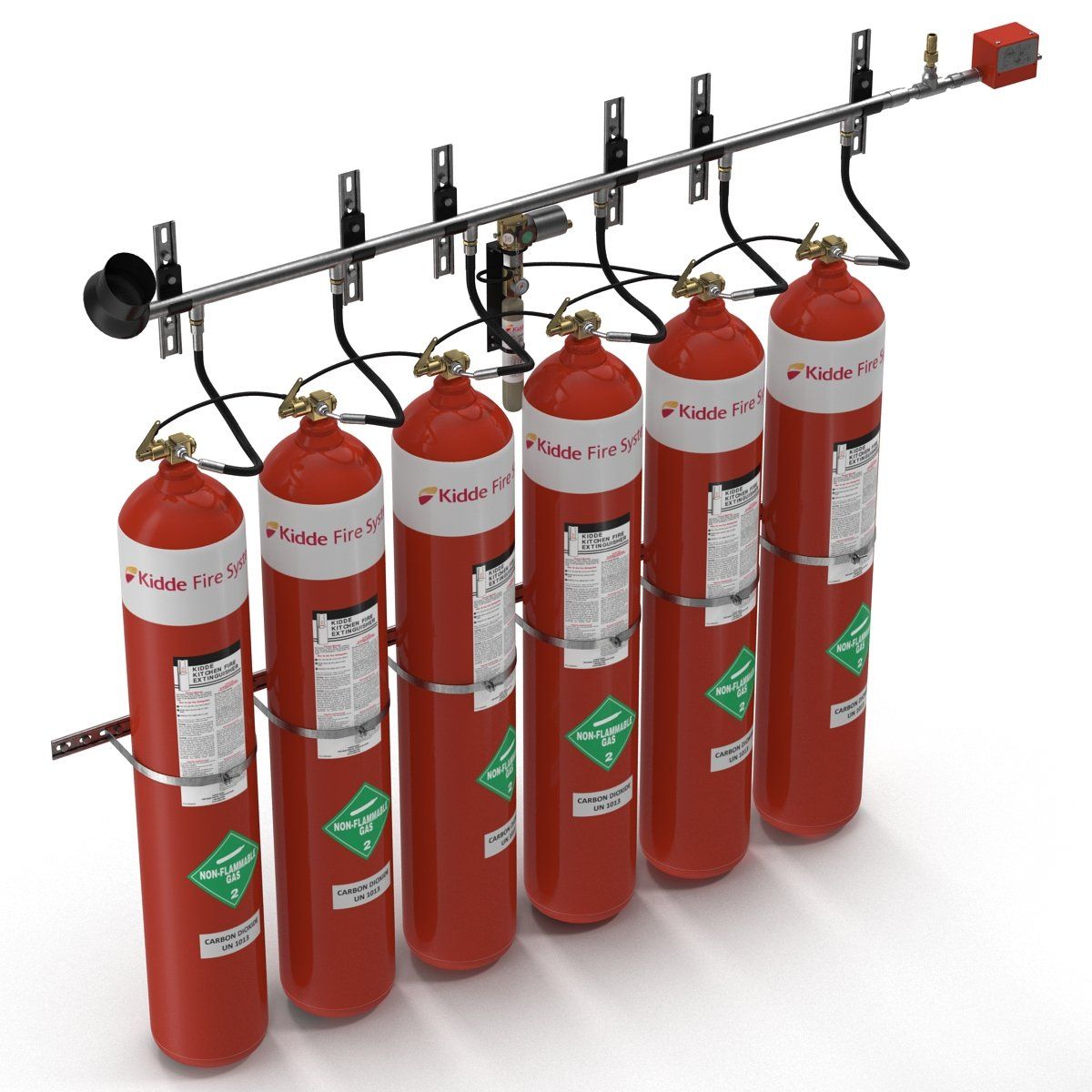 A row of red fire extinguishers are lined up on a wall.