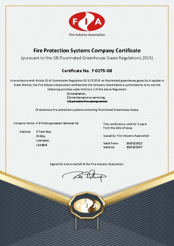 MEP Fire Suppression Ltd: FIA F-GAS Registration
