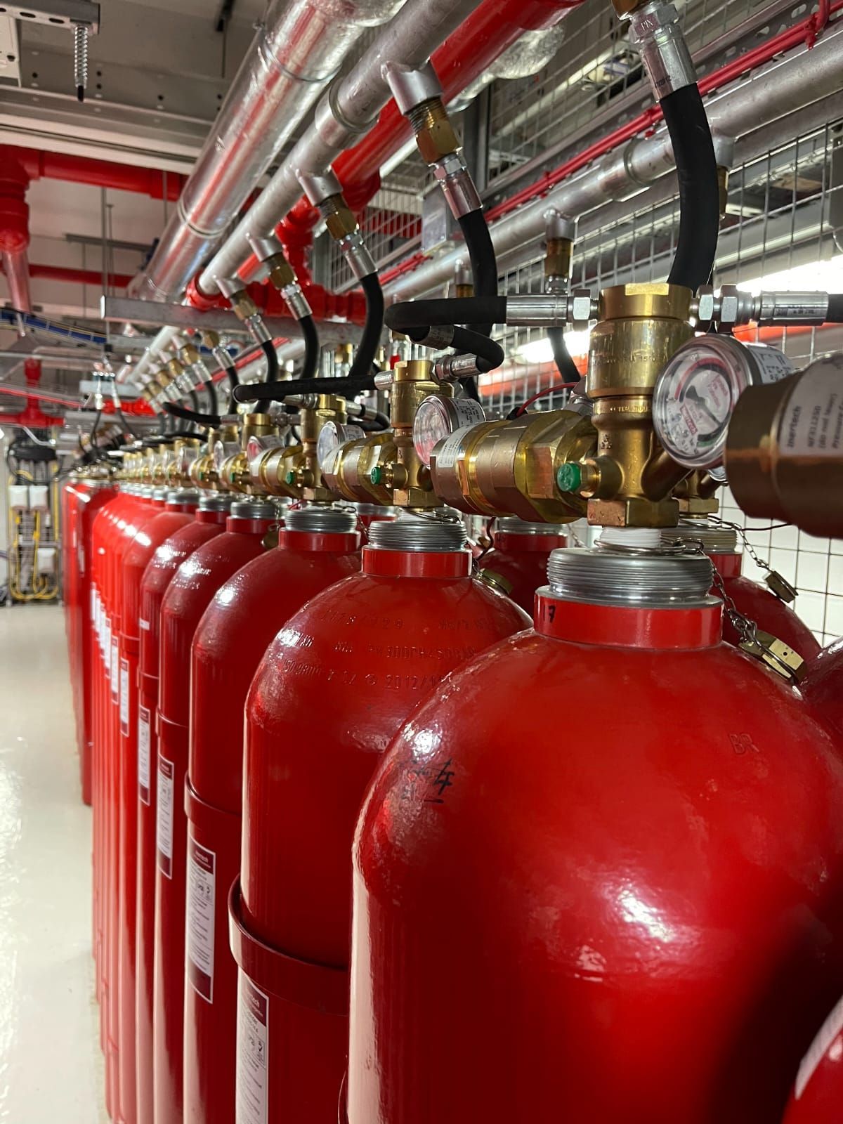 A row of red fire extinguishers are lined up in a room.