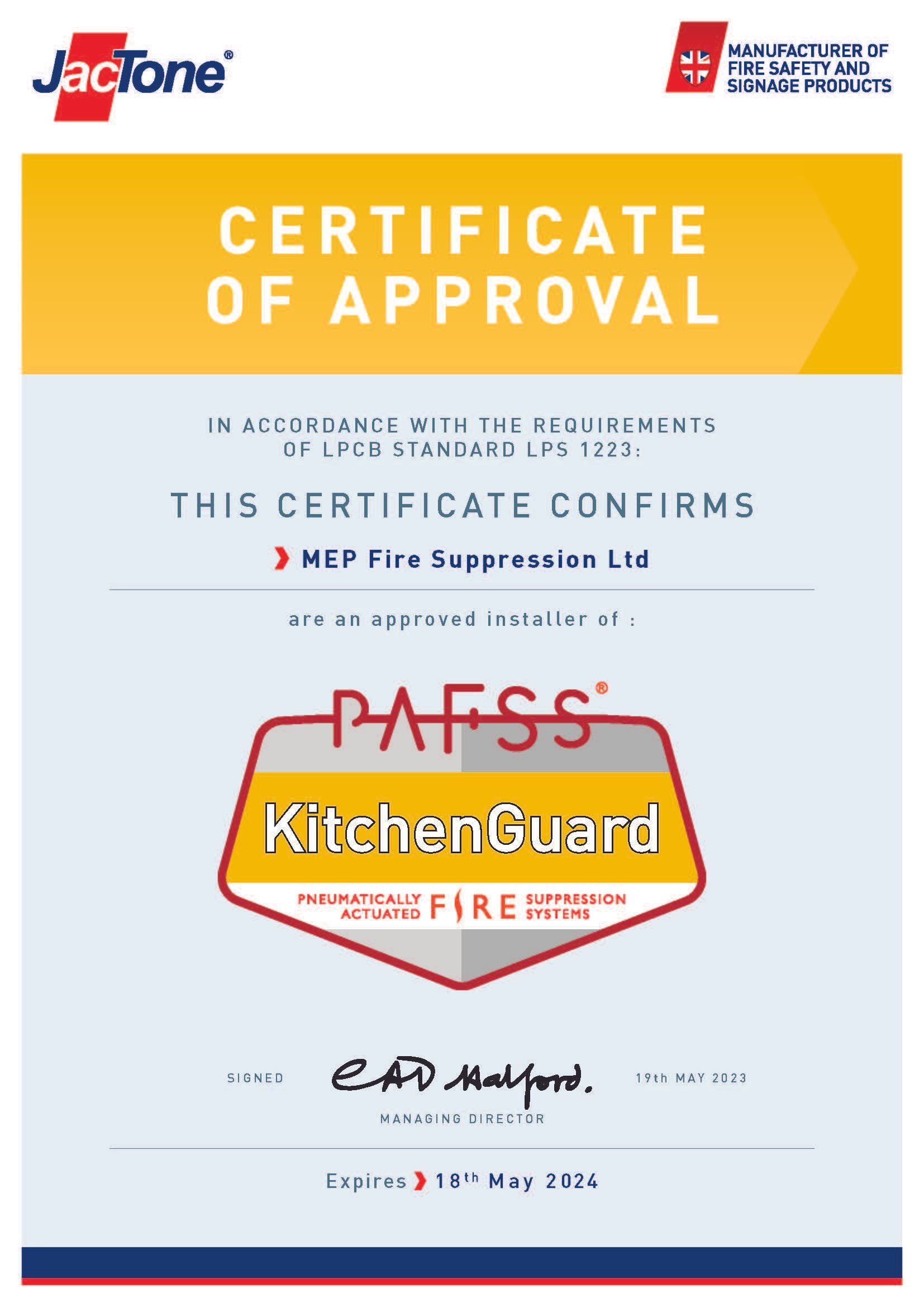 KitchenGuard Certificate of Approval