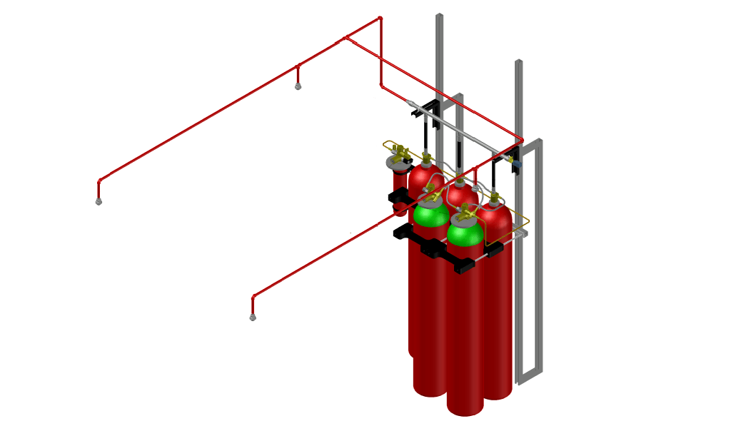 A 3d model of a fire extinguisher system.