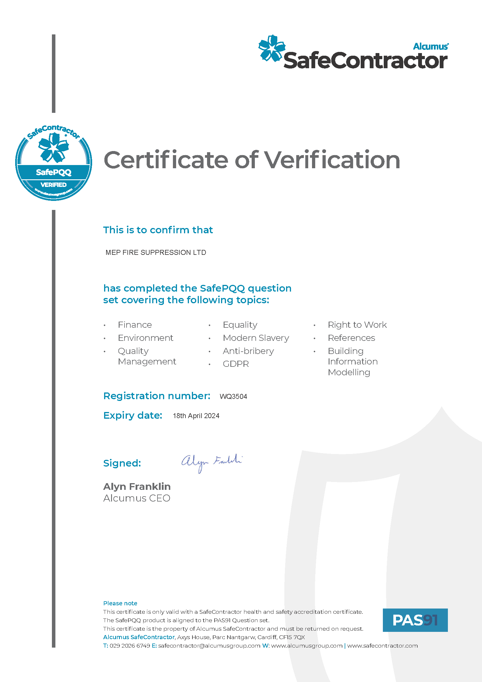 MEP Fire Suppression Ltd: SafePQQ Verified