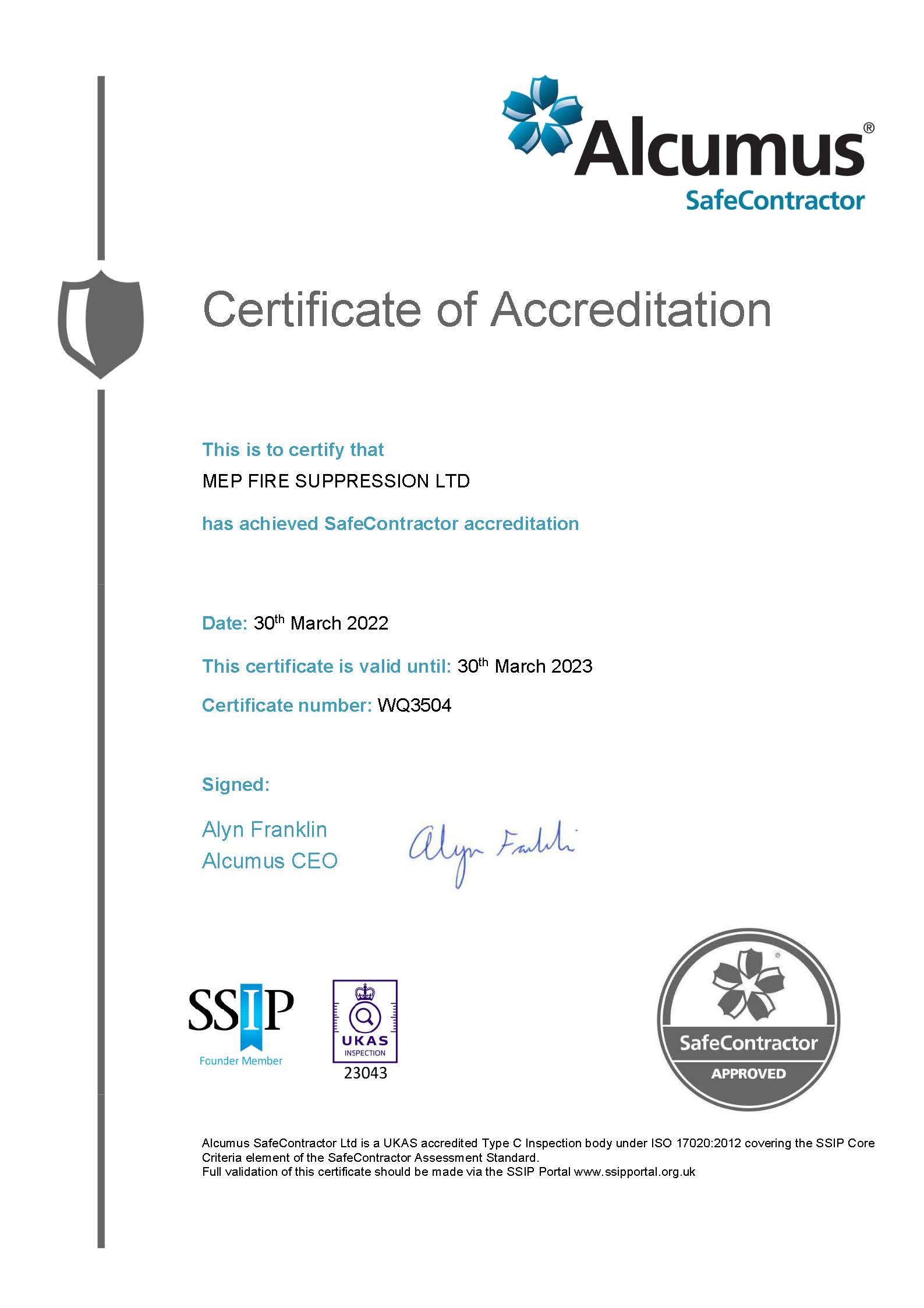 A certificate of accreditation from alcus is shown on a white background.