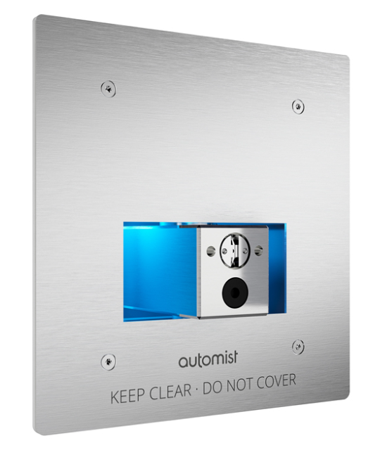A stainless steel box that says automist keep clear do not cover