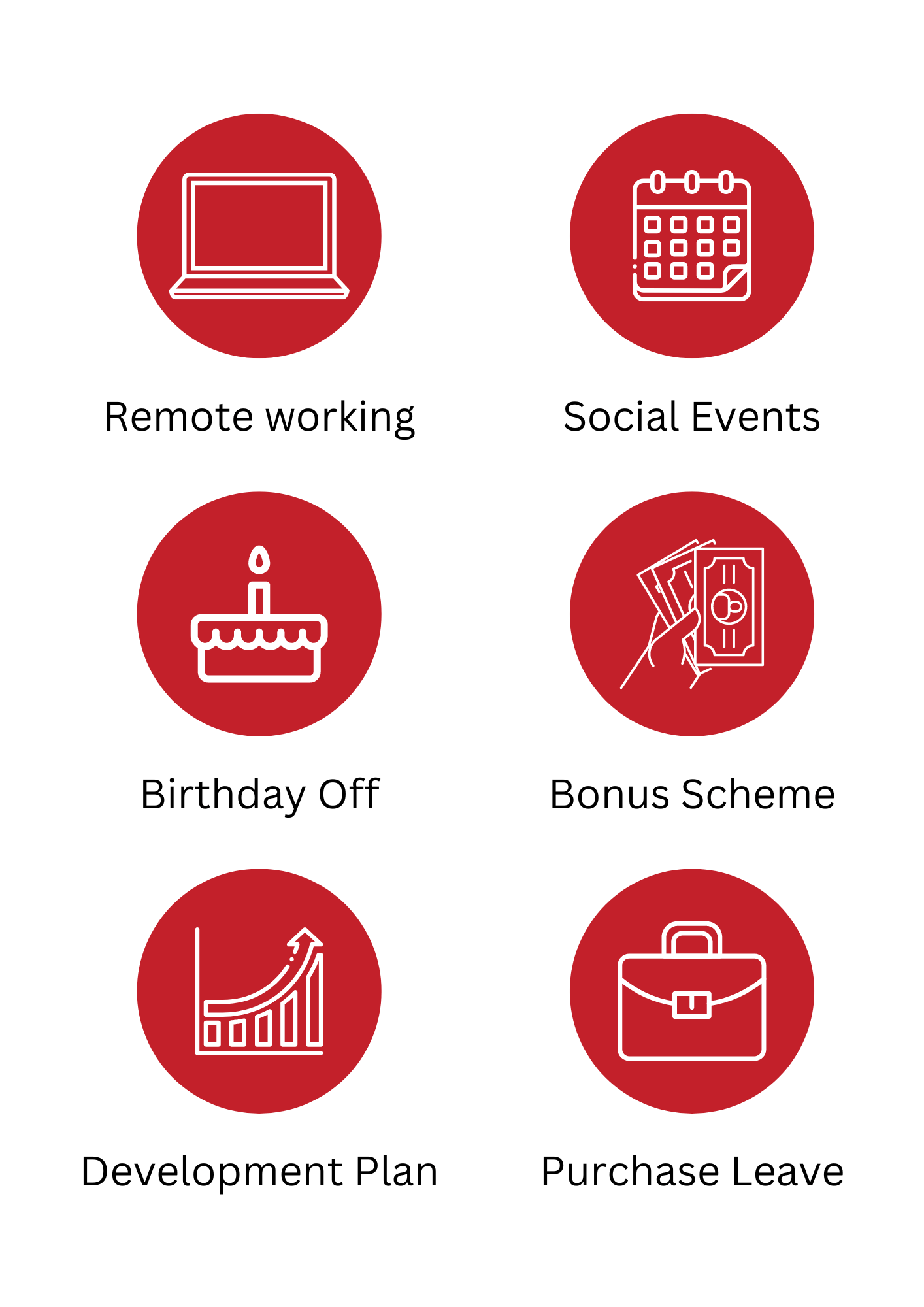 A set of icons including remote working , social events , birthday off , bonus scheme , development plan and purchase leave.