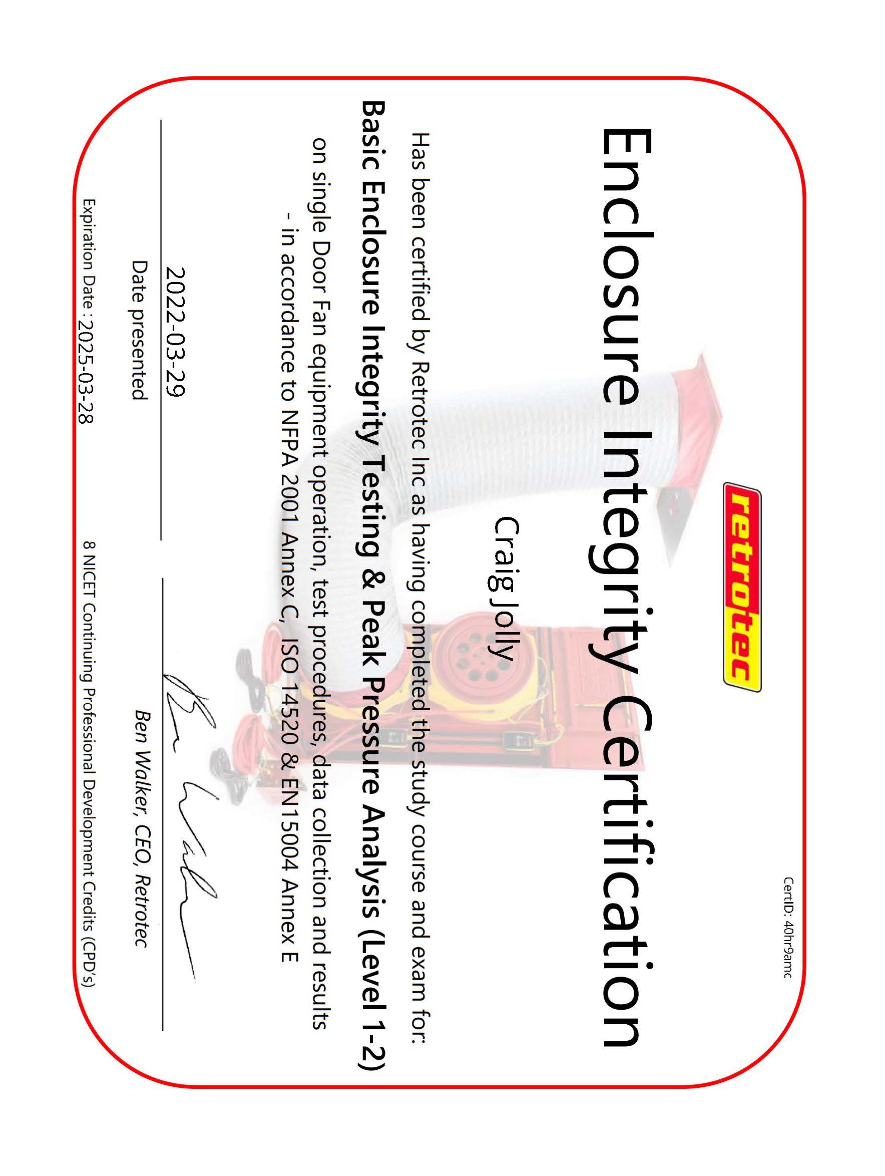 MEP Fire Suppression Ltd: Retrotec Level 2 Certificate