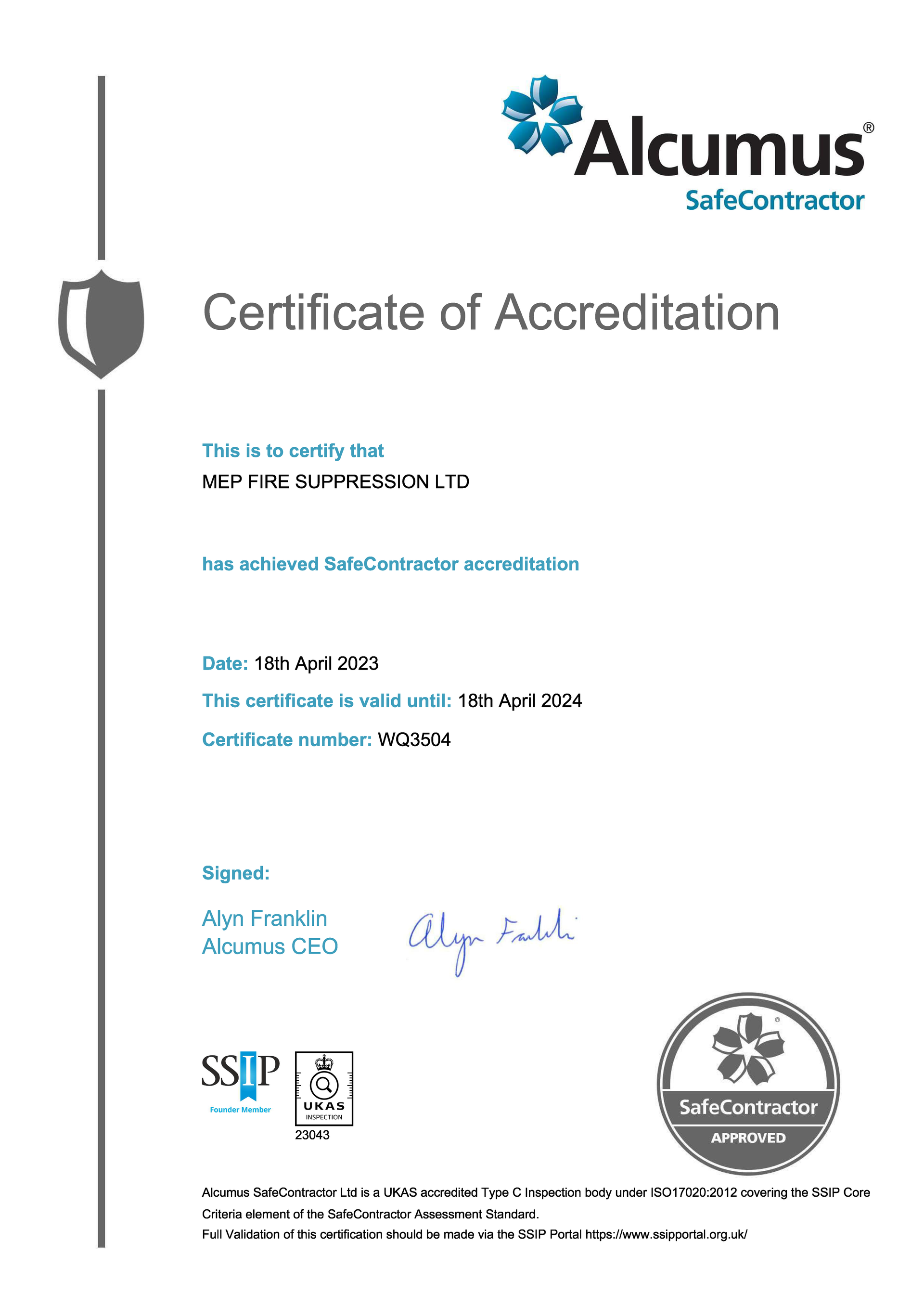 MEP Fire Suppression Ltd: Safe Contractor Accreditation