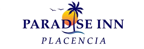 A logo for paradise inn placencia with a palm tree and birds