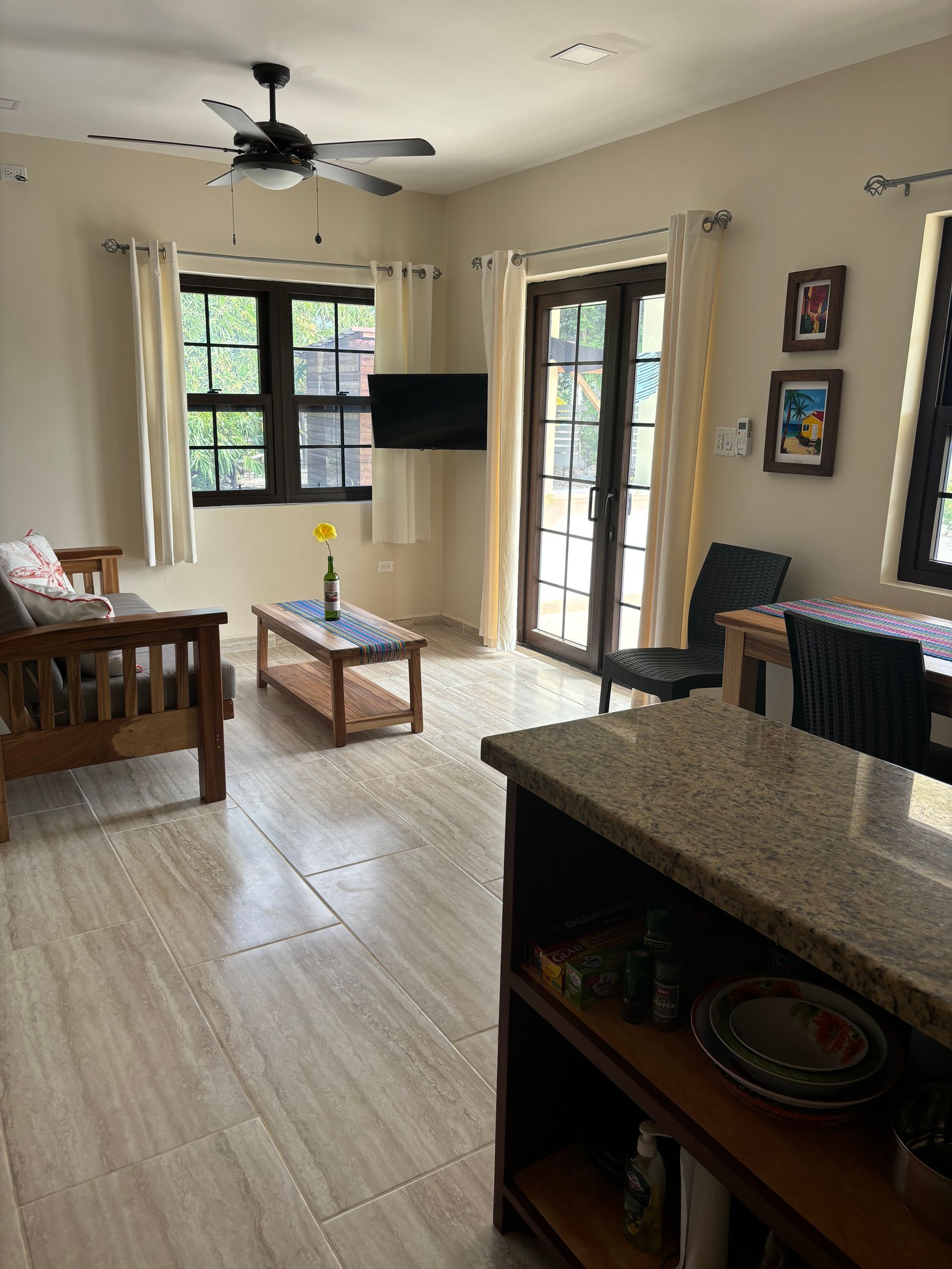 Toucan Suite living room with a ceiling fan and a flat screen tv.