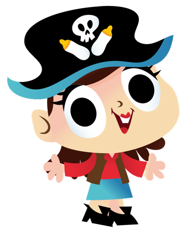 a cartoon girl wearing a pirate hat with a skull and cross baby bottles on it.