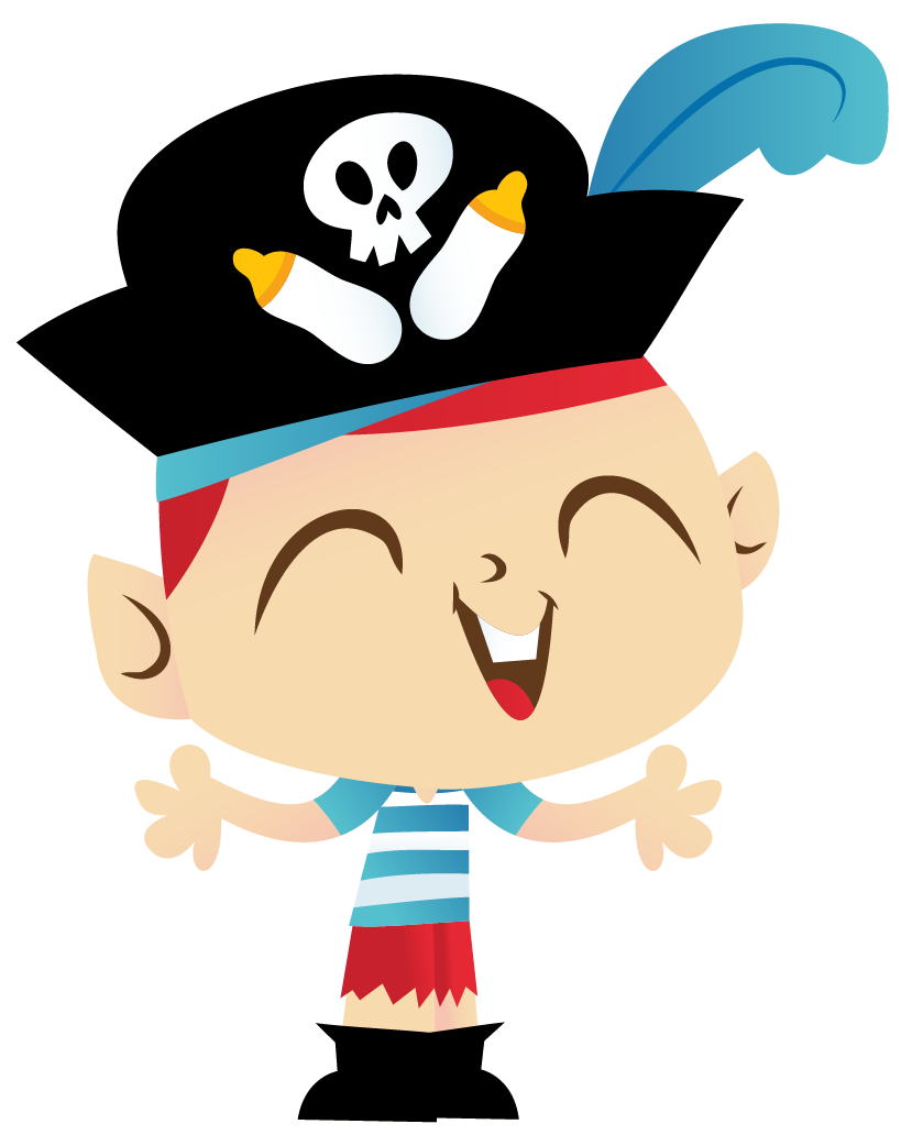 a cartoon boy wearing a pirate hat with a skull and cross baby bottles on it .