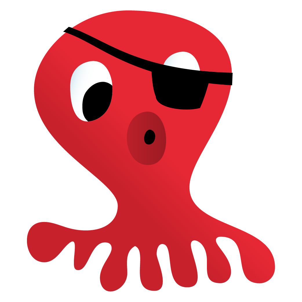 a red octopus wearing a black eye patch.