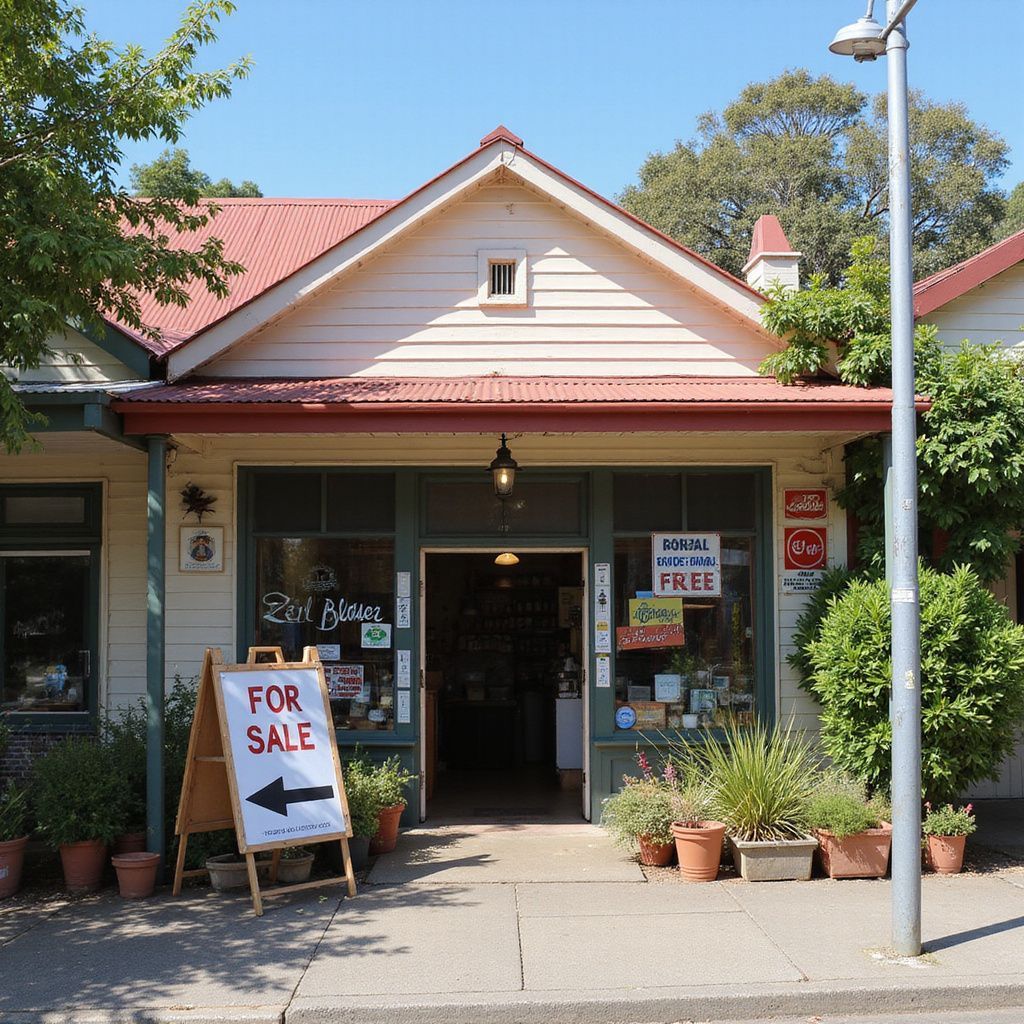 A small bookstore with a red roof and "For Sale" sign. Pots of plants flank the entrance.