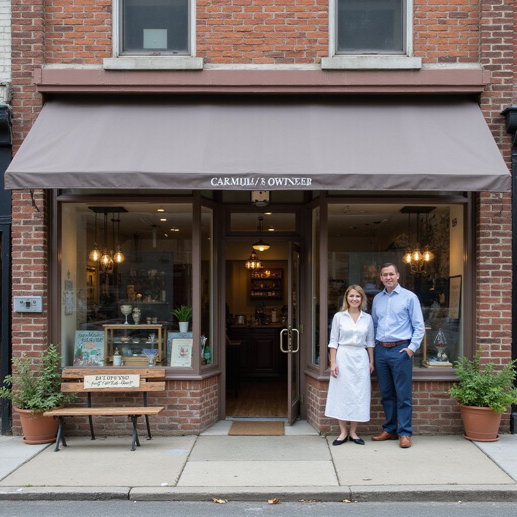 A storefront with a couple posing; brown awning, brick exterior. Couple in doorway. Shop interior visible.