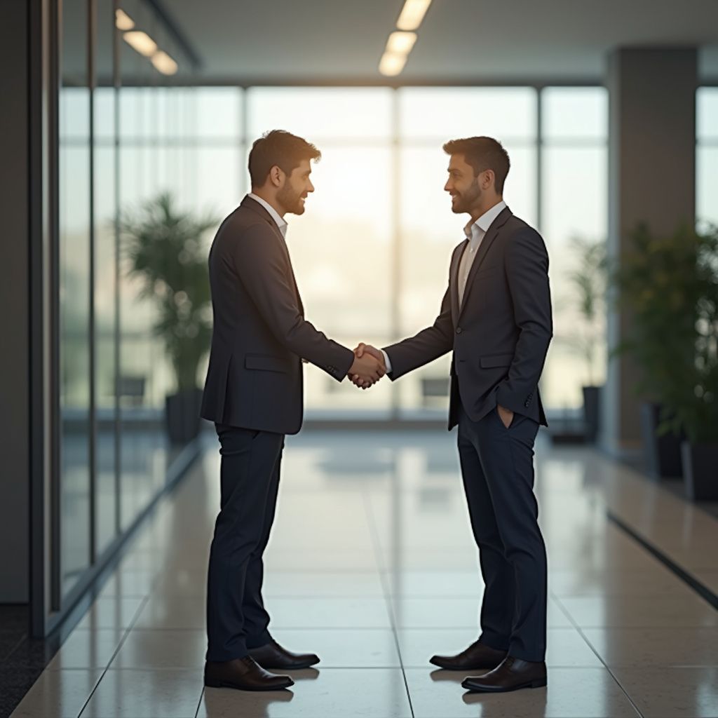 Two men in suits shaking hands in an office hallway.