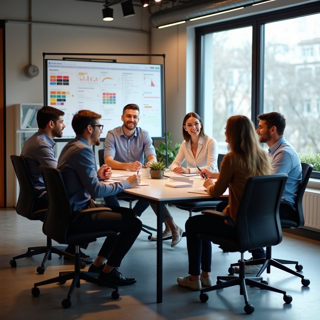 A business meeting in an office; six people at a table, looking at papers and smiling, with a presentation screen behind.