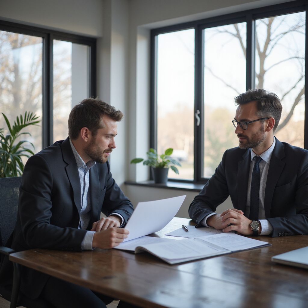 Two men in suits at a table reviewing documents in an office setting.