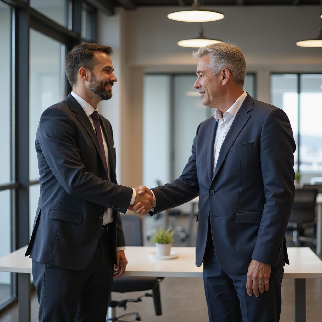 Two men in suits shaking hands in an office, smiling, white table, bright setting.