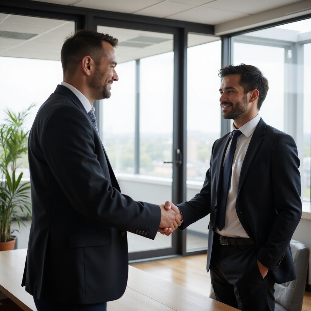 Two men in suits shaking hands in an office, smiling.