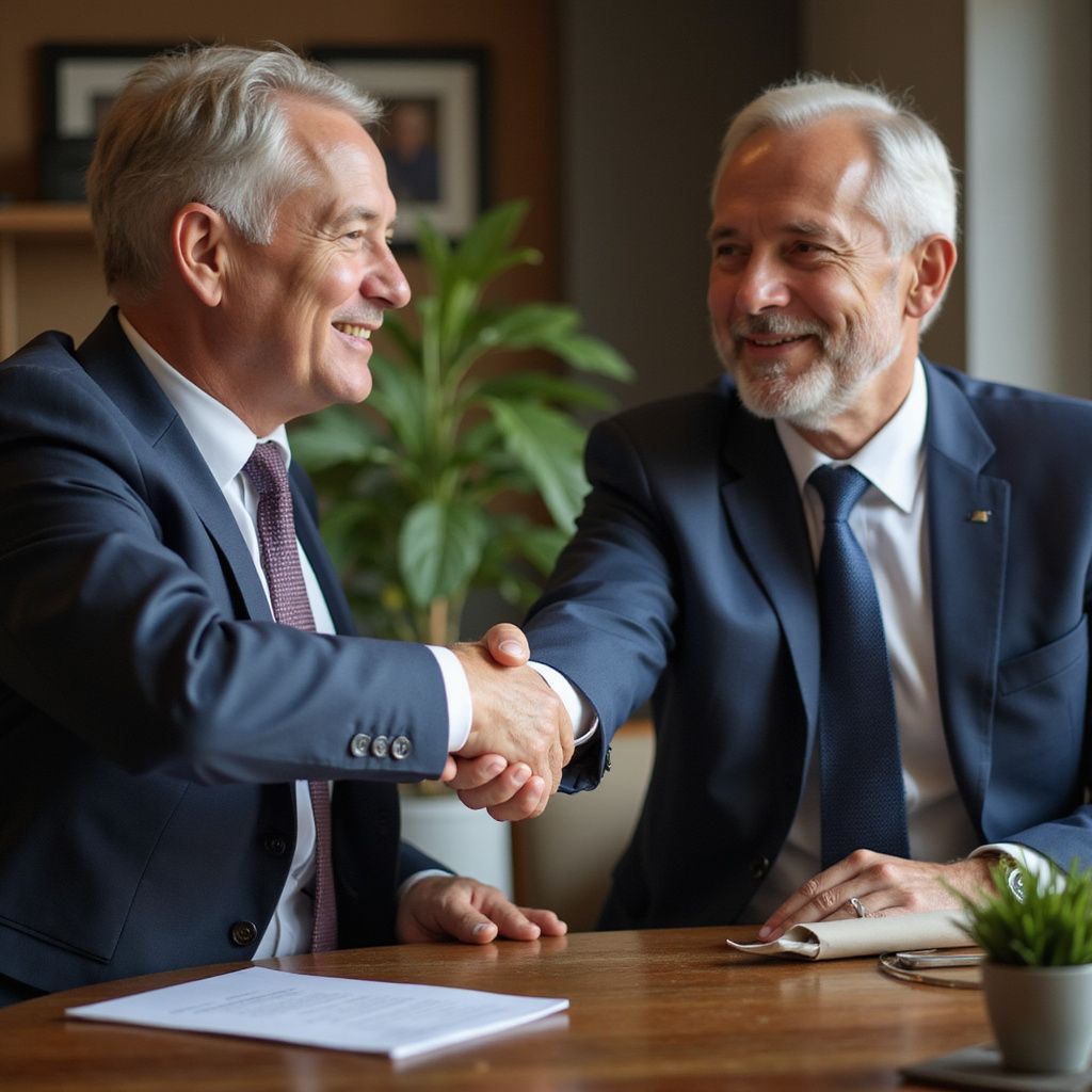 Two men in suits shaking hands at a table, smiling.