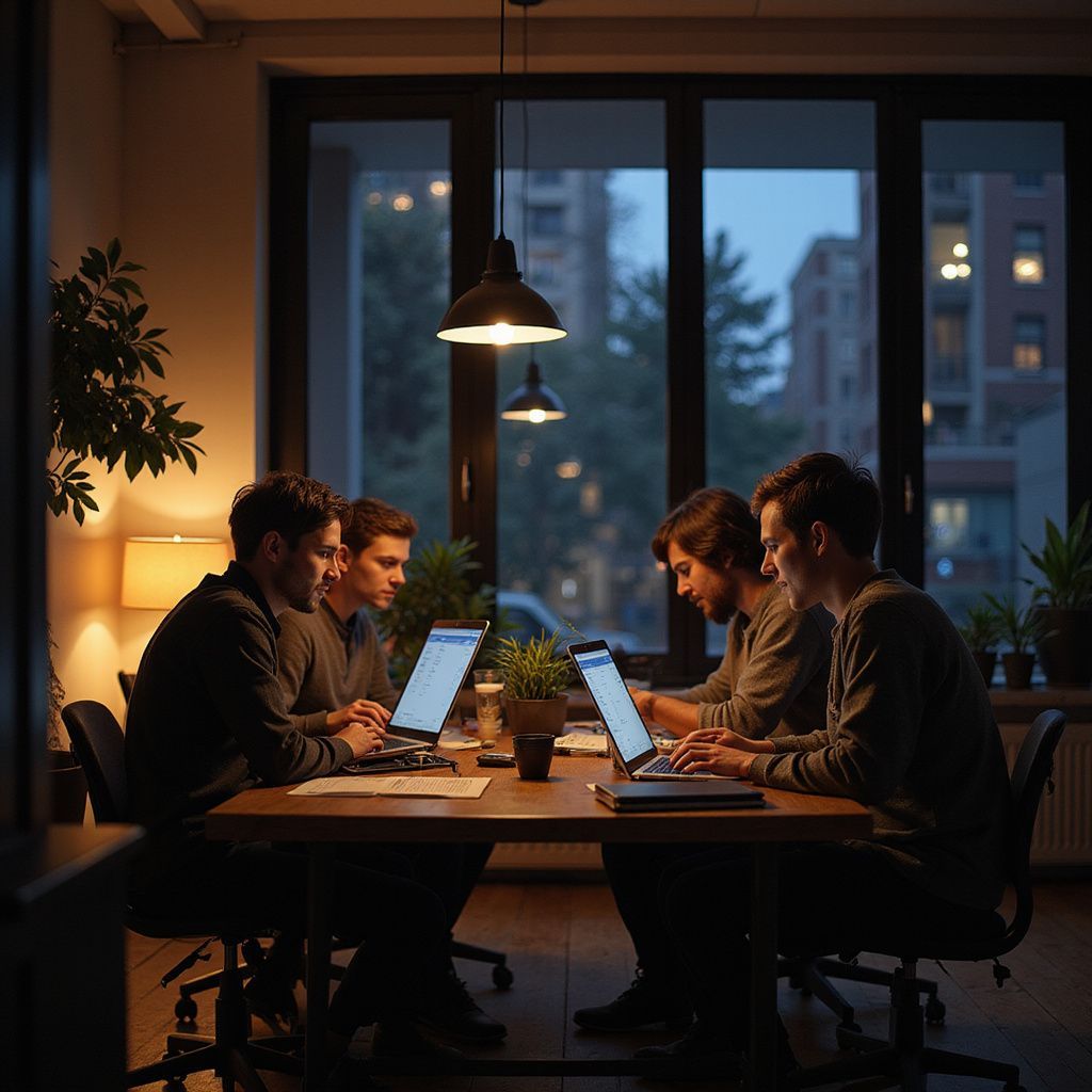 Four people working on laptops around a table in a dimly lit office. Evening cityscape visible.