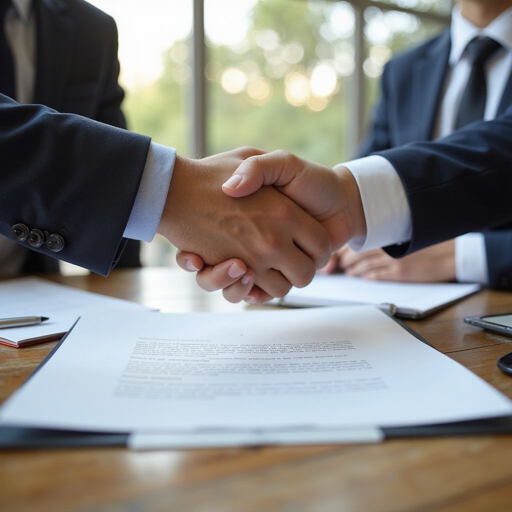 Two people in suits shaking hands over a contract.