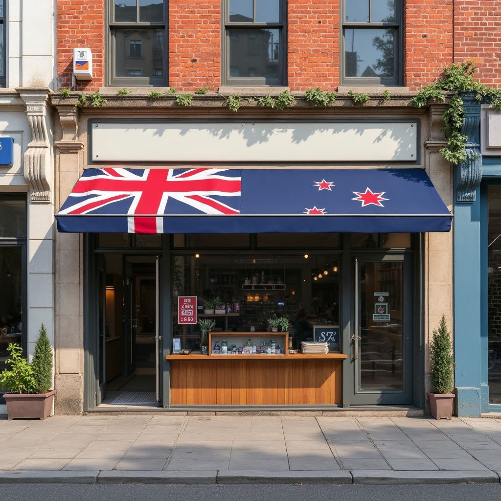 Shopfront with New Zealand flag awning. Exterior view of a store with a wooden counter and glass doors.