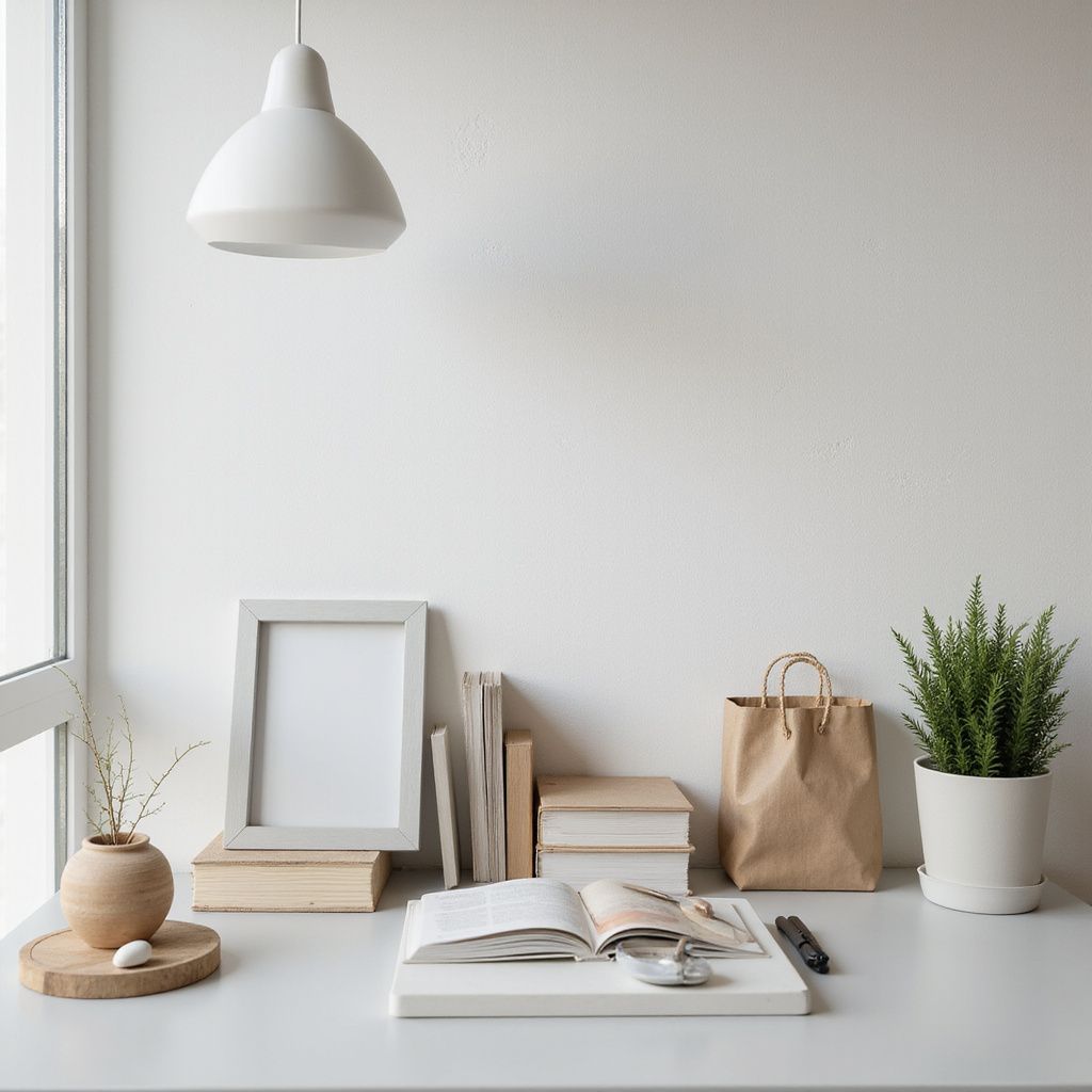 Desk with plant, books, open journal, framed photo, paper bag, and pendant light.