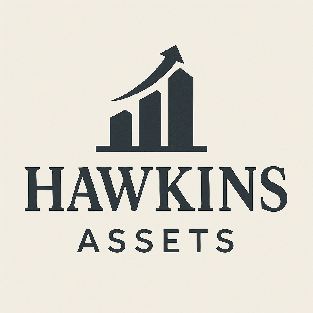 Logo for Hawkins Assets: Dark grey upward-trending bar graph with an arrow, above the words 