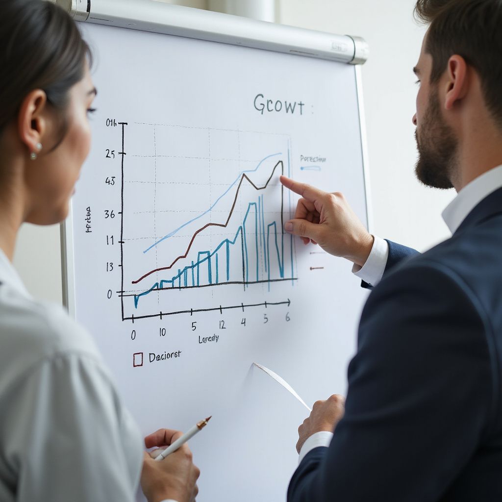 Two people analyzing a graph on a whiteboard. Man points at data, woman holds a pen.
