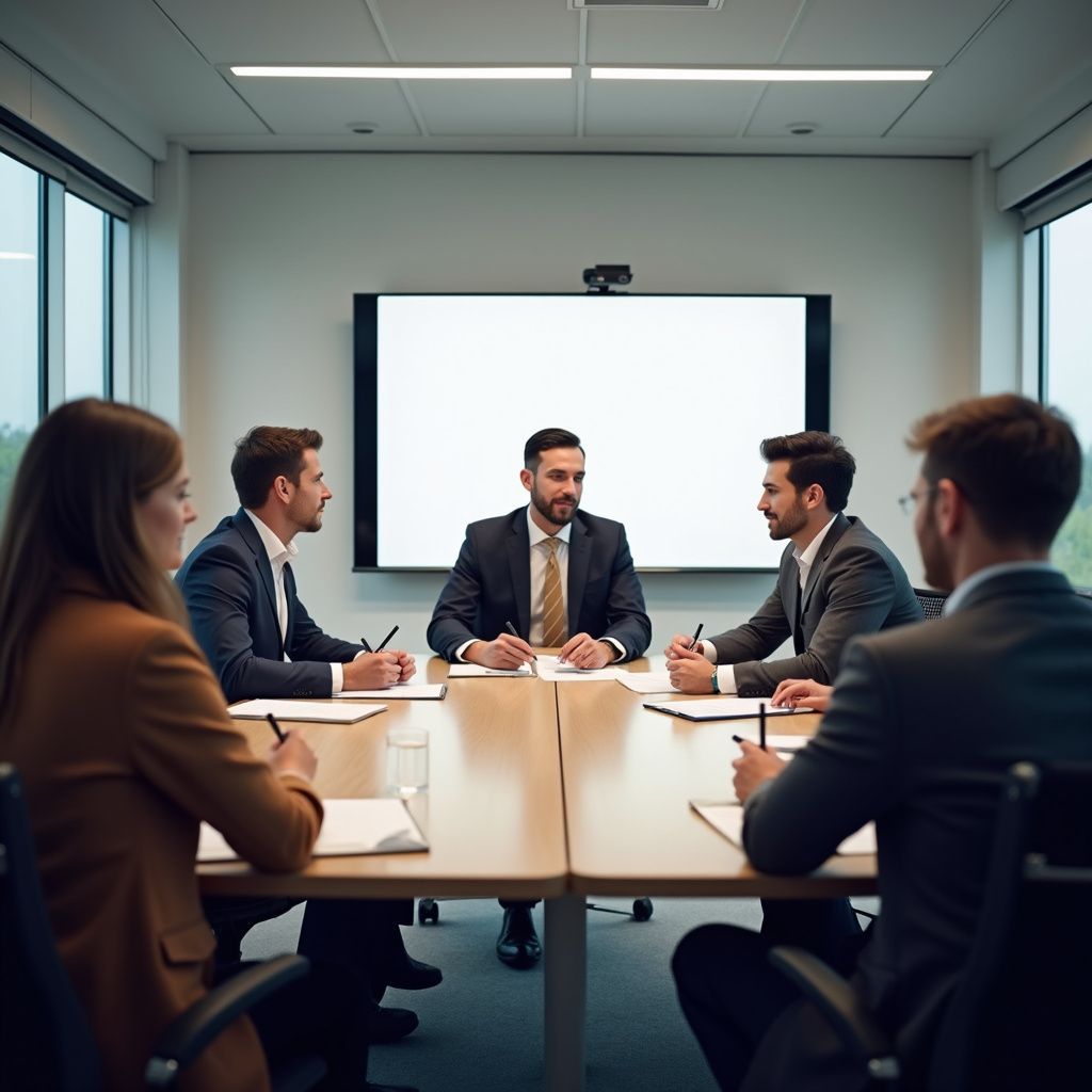 Business meeting in a conference room; people sitting around a table, some taking notes, with a blank screen on the wall.