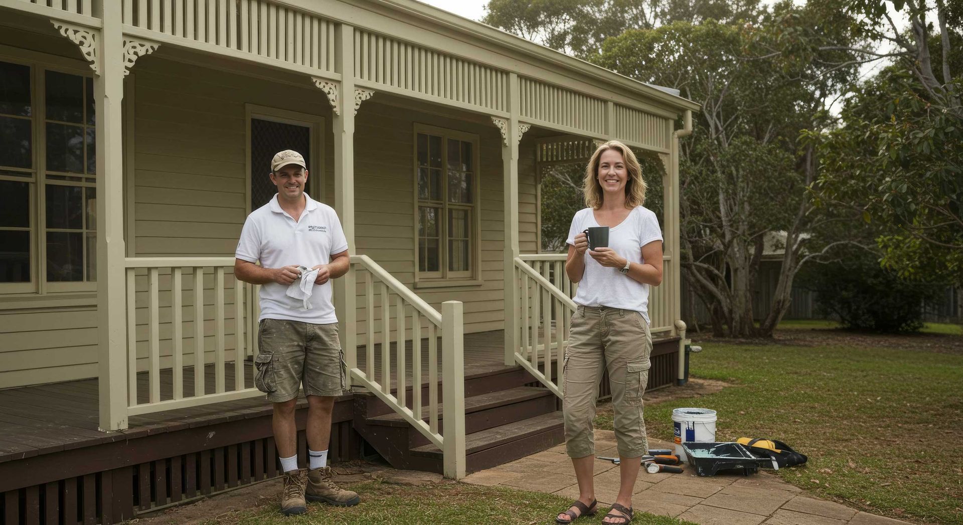 Happy Bundaberg Homeowner Standing Beside Freshly Painted House Exterior