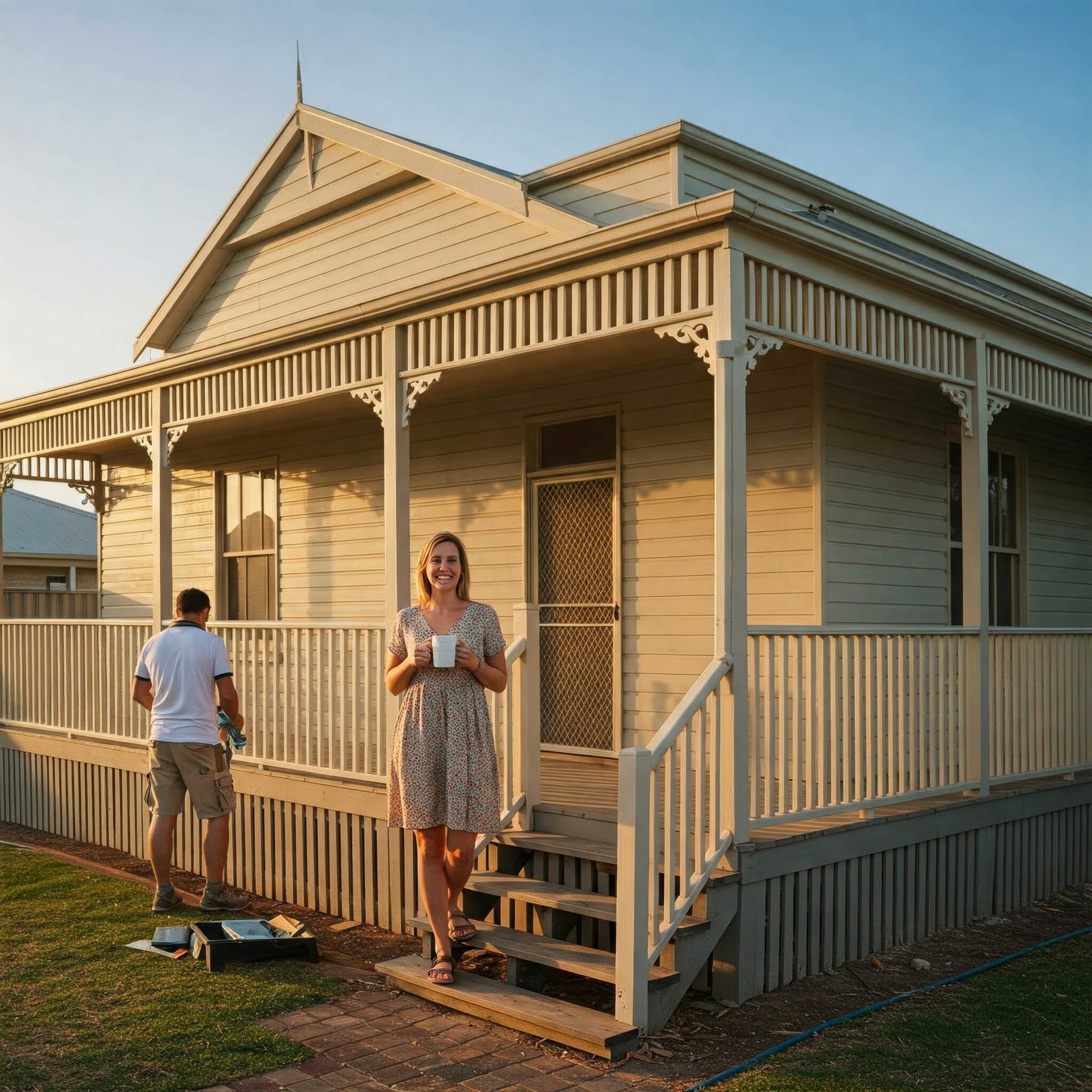 Happy Homeowner Standing Outside Freshly Painted House in Bundaberg