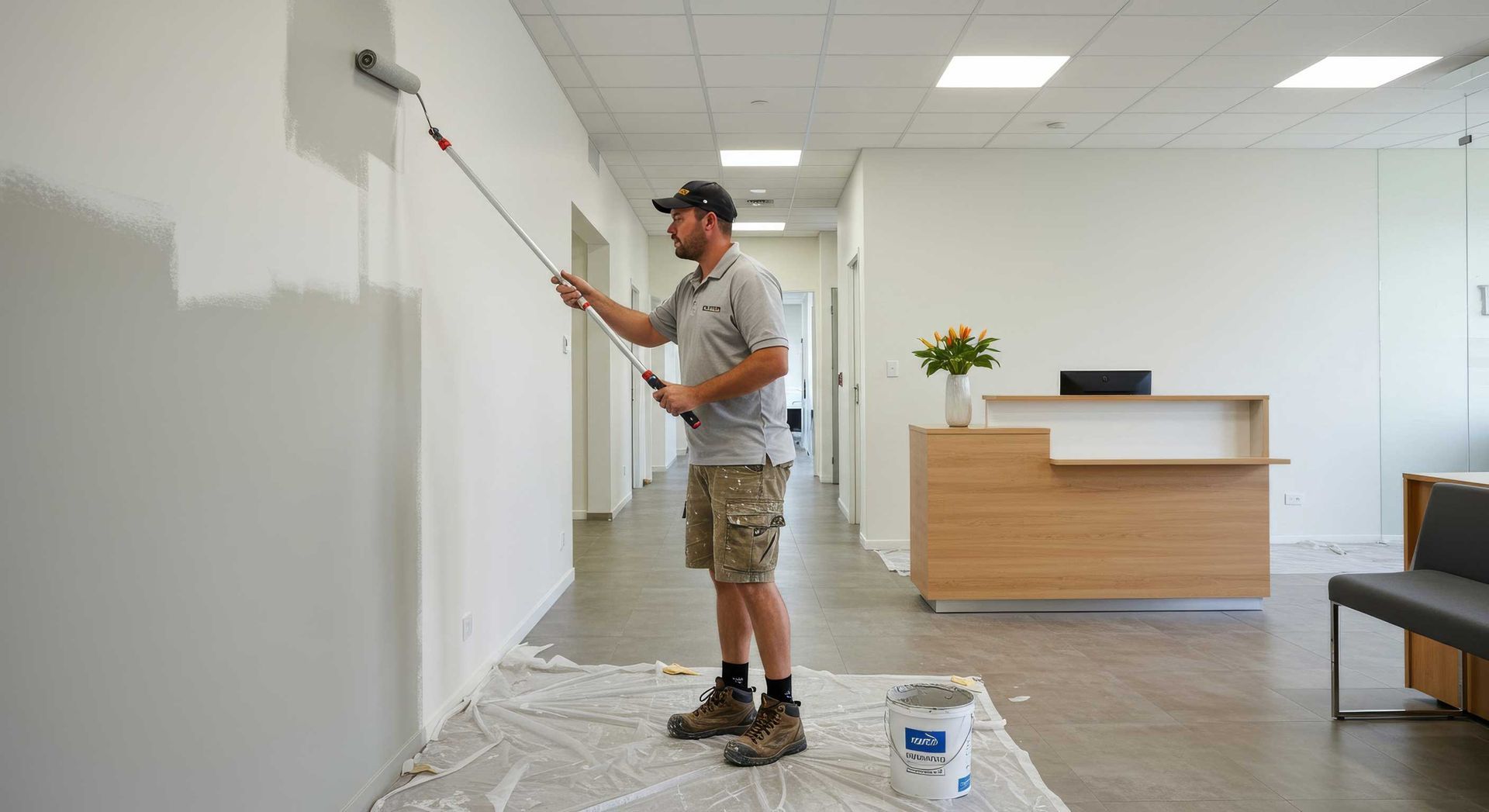 Professional Painter Refreshing Office Interior Walls in Bundaberg