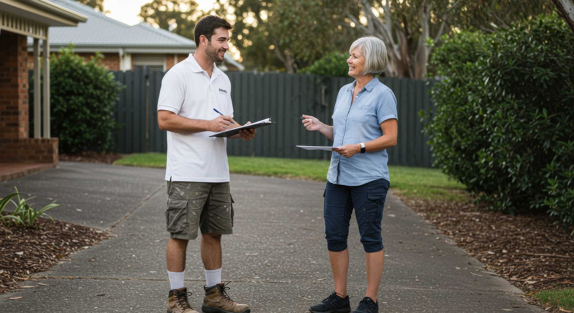 Bundaberg Painter Discussing Project Details with Smiling Client On-Site